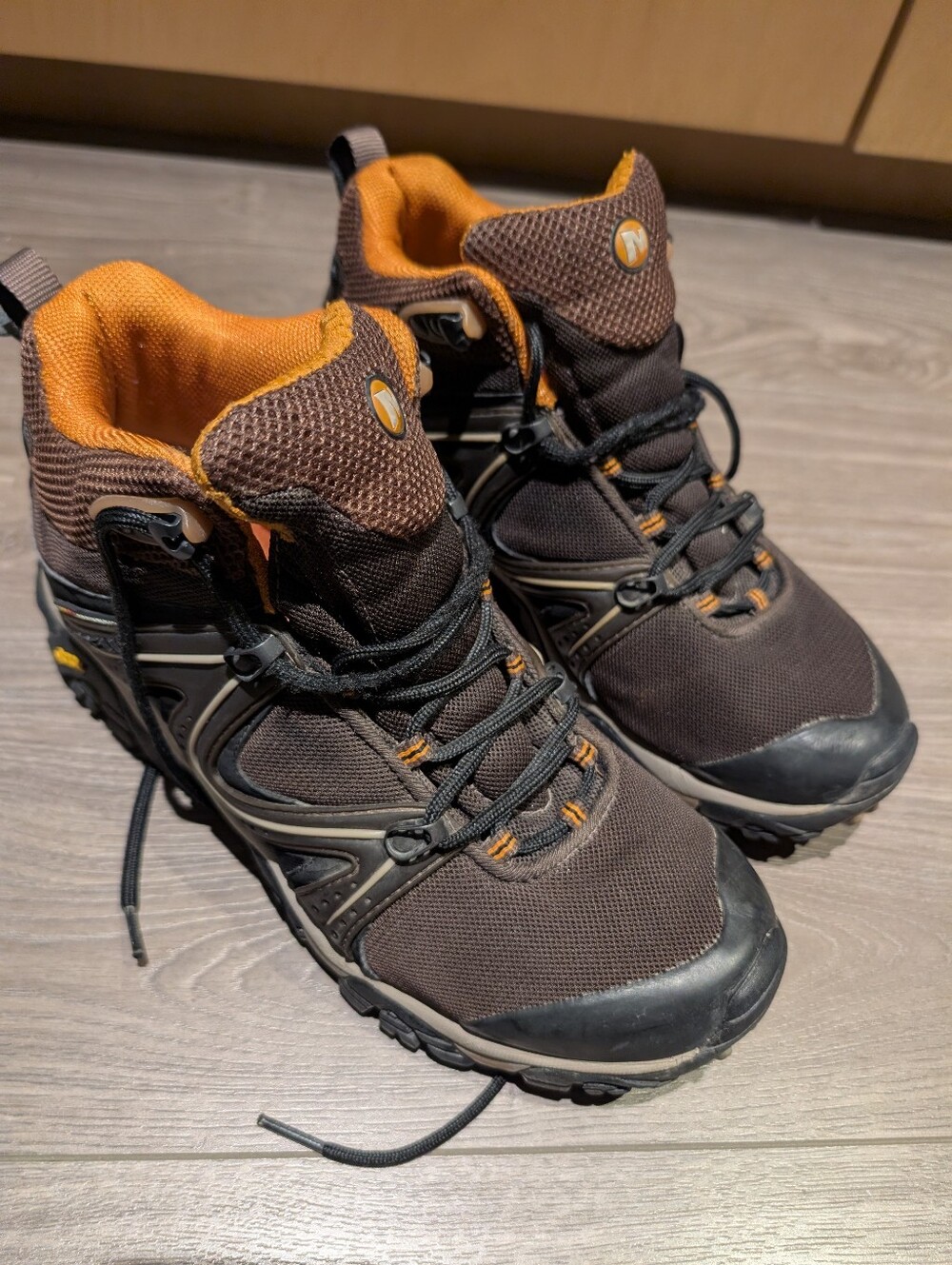 Men's Merrel Brown and Orange Hiking Boots. Reactor Ventilator Model.